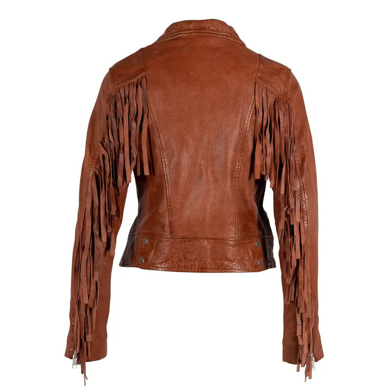 Women's Orange Burnt Fringe Leather Jacket