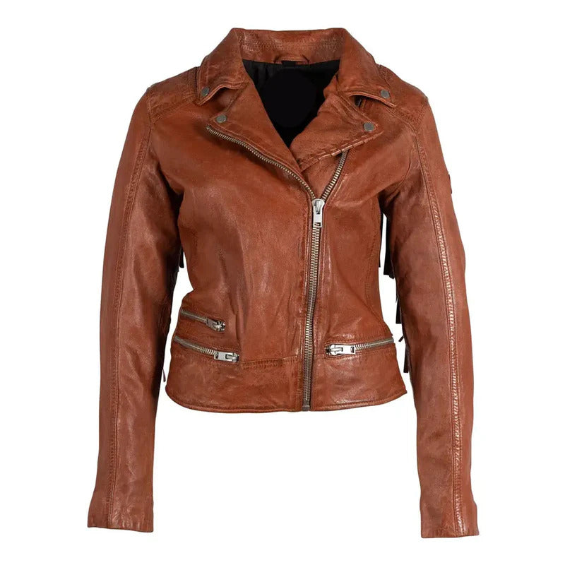 Women's Orange Burnt Fringe Leather Jacket