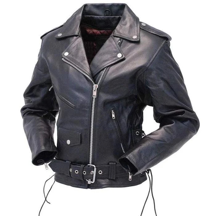 Front view of Black lace up motoo leather jacket with silver zippers