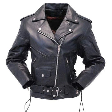 Front view of Black lace up motoo leather jacket with silver zippers