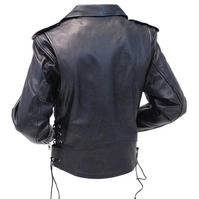 Back view of women's black lace up moto leather jacket