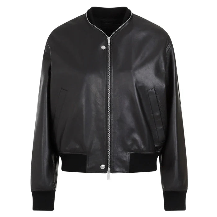 Front view of glossy black bomber leather jacket