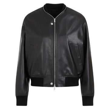 Front view of glossy black bomber leather jacket