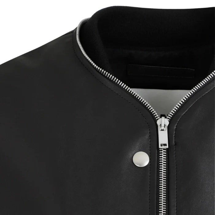 Front view of glossy black bomber leather jacket