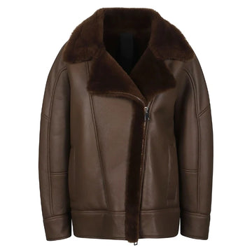 Briselle Brown Leather Shearling Sheepskin Biker Jacket