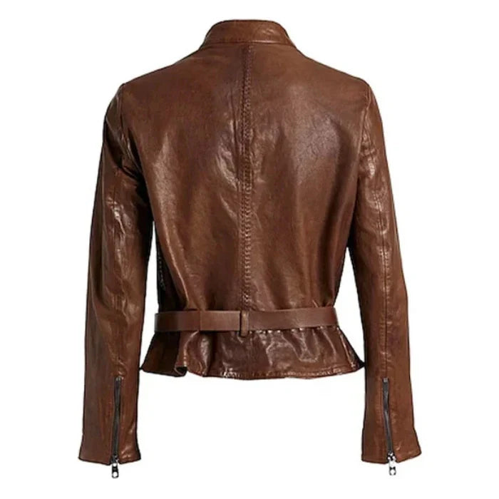 Front view of Brown vintage design women biker leather jacket
