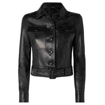 Women's Cropped Belted Leather Biker Jacket