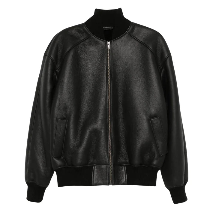 Front view of Oversized Black Bomber Leather Jacket