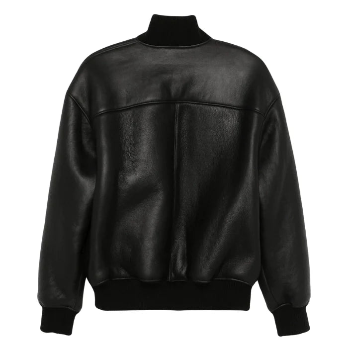 Front view of Oversized Black Bomber Leather Jacket