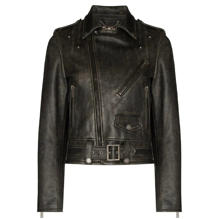 Front view of Distressed Black leather jacket on a white background