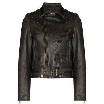 Front view of Distressed Black leather jacket on a white background