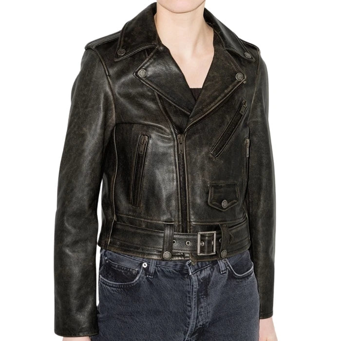 Front view of Distressed Black leather jacket on a white background