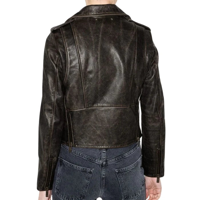 Back view of Distressed leather jacket worn by a model