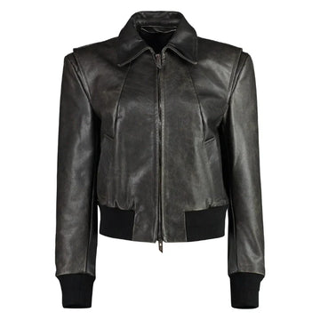 Front view of Black Bomber Leather Jacket for Women