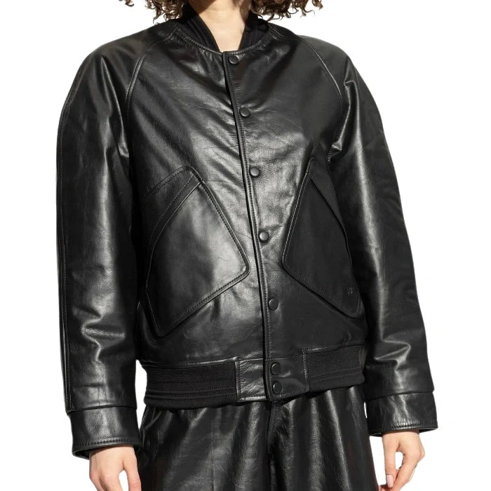 Elara Oversized Fit Black Leather Bomber Jacket