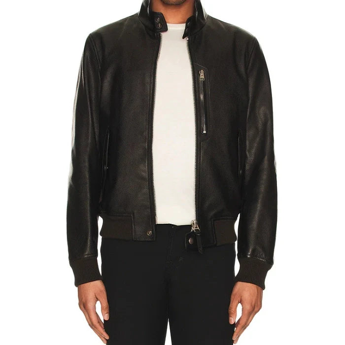 Front view of Model wearing High Neck Bomber Leather Jacket open front zipper