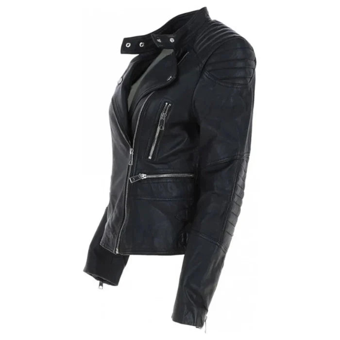 Women's Quilted Shoulder Leather Biker Jacket
