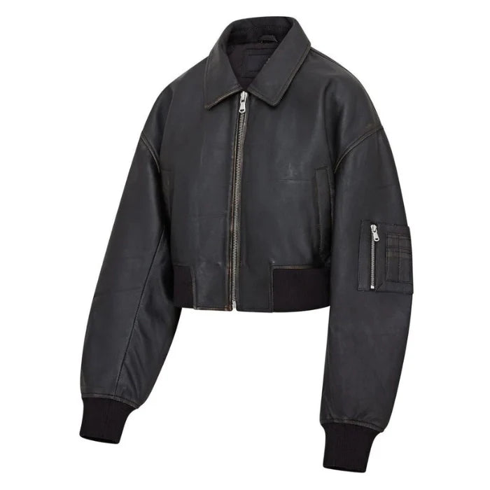 Renat Oversized Leather MA-1 Cropped Bomber Jacket