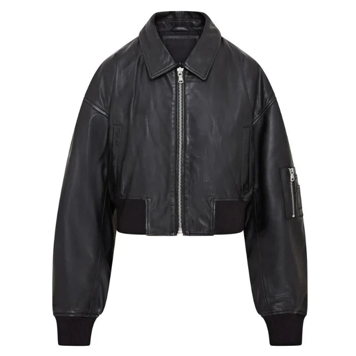 Renat Oversized Leather MA-1 Cropped Bomber Jacket
