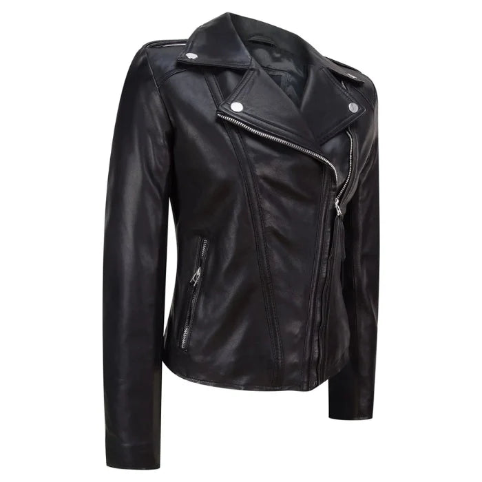 Front view of black moto leather jacket on a white background