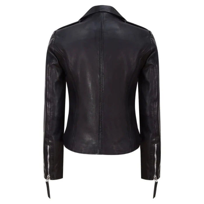 Back view of black moto leather jacket on a white background