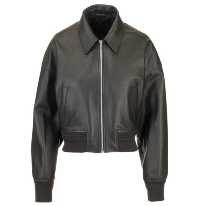 A black leather bomber-style jacket with a pointed collar, ribbed cuffs, and a silver zipper.