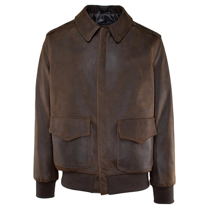Men's vintage brown A-2 flight jacket with a point collar, front zipper, and two large front flap pockets.