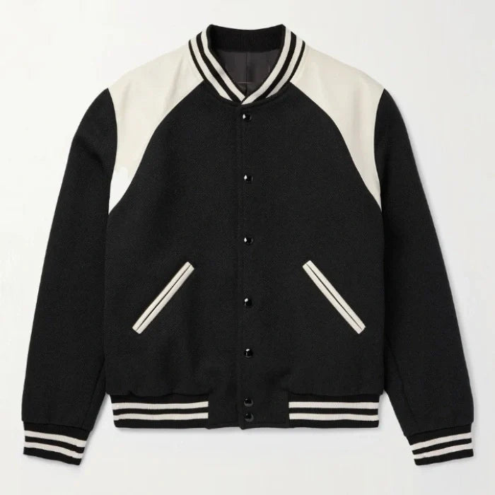 Mercer Black Wool Varsity Jacket with Leather Trim