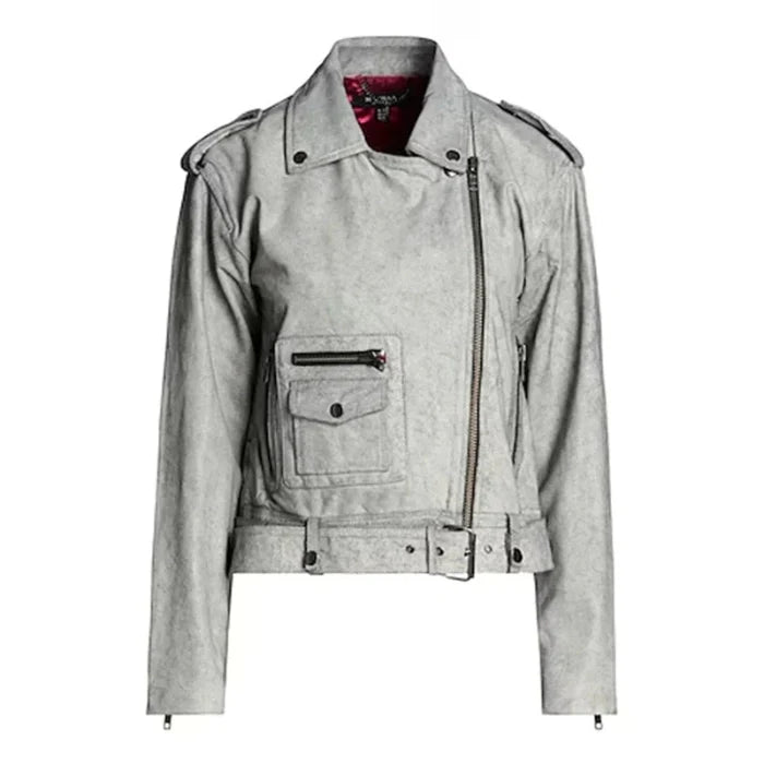 Front view of Gray crop biker jacket with zippers on a white background