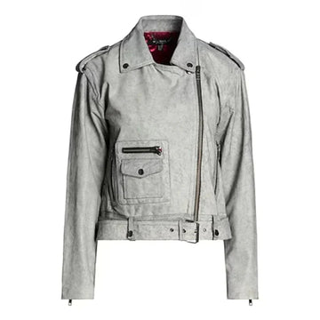 Front view of Gray crop biker jacket with zippers on a white background