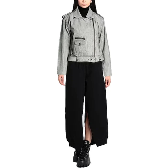 Front view of Gray crop biker jacket with zippers on a white background