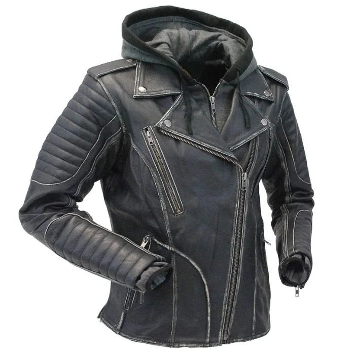 Women's Quilted Leather Moto Jacket with Hoodie