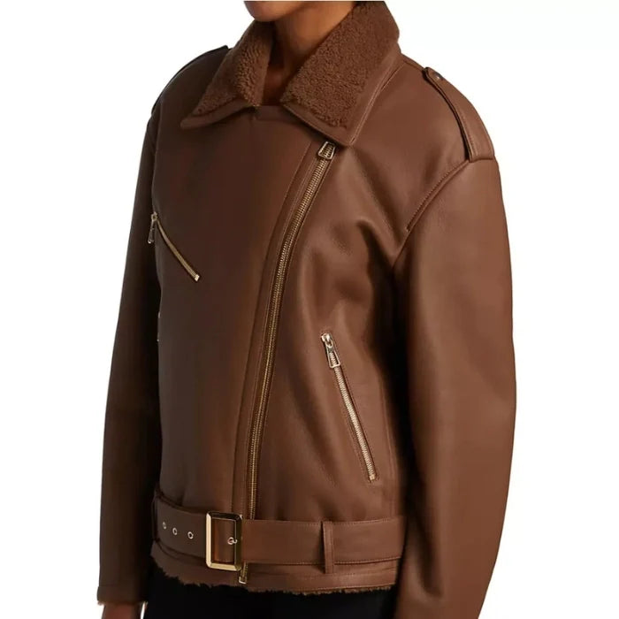 Women's Brown Shearling-Lined Leather Moto Jacket