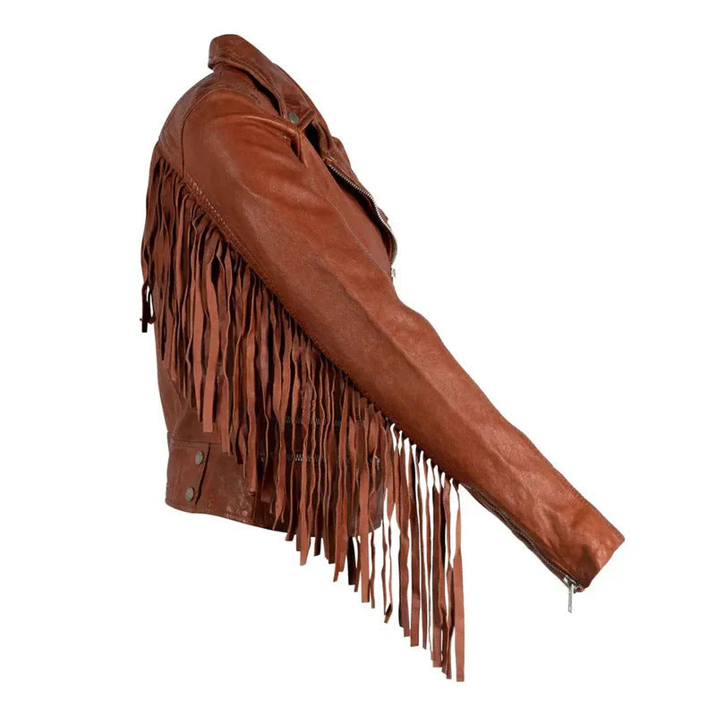 Women's Orange Burnt Fringe Leather Jacket