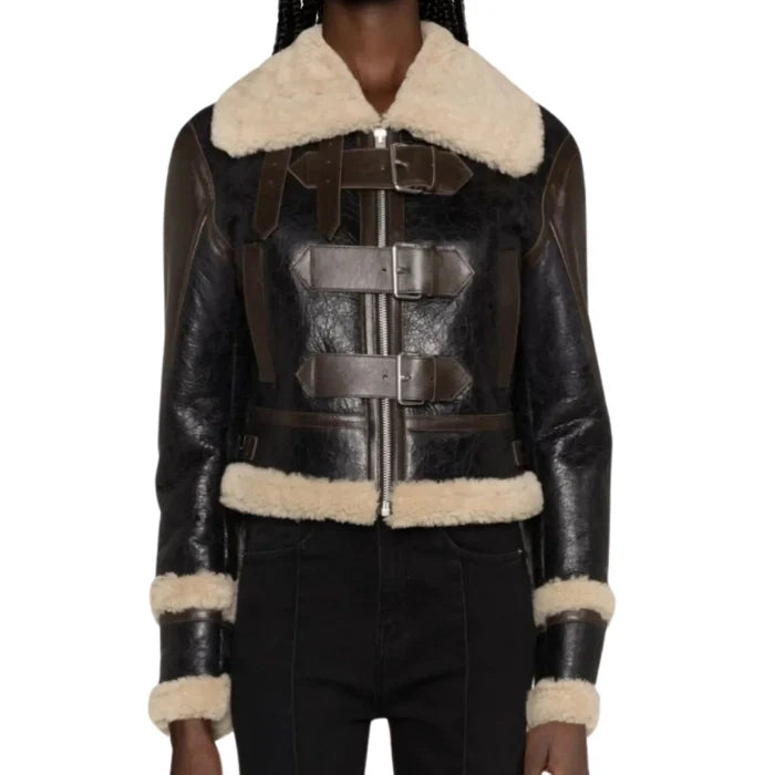 Bellonae Shearling-Trim Bomber Leather Jacket