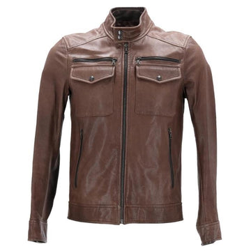 Men's Brown Leather Zip-Up Jacket