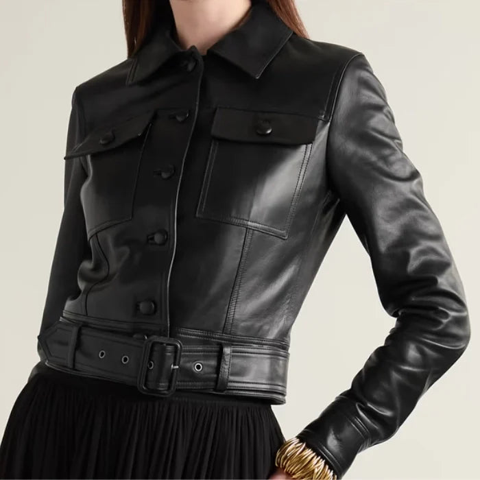 Women's Cropped Belted Leather Biker Jacket