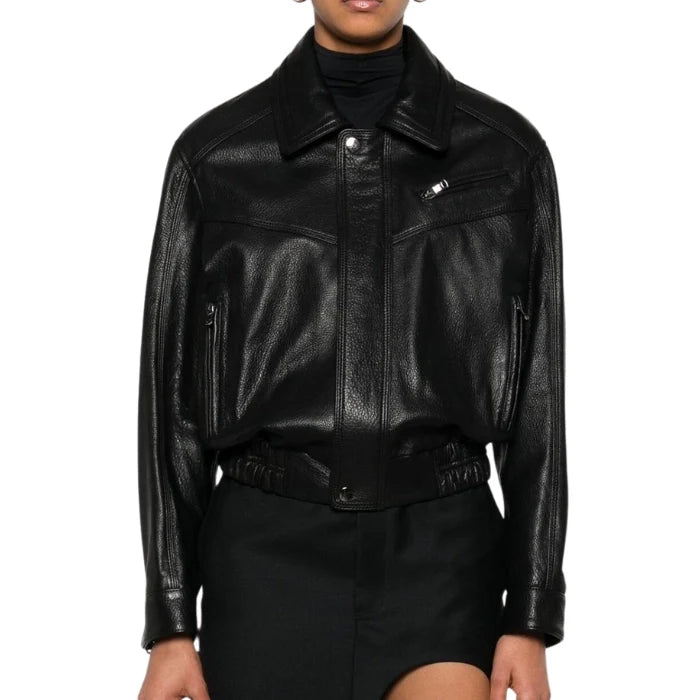 Front view of model wearing Women lightweight bomber jacket 