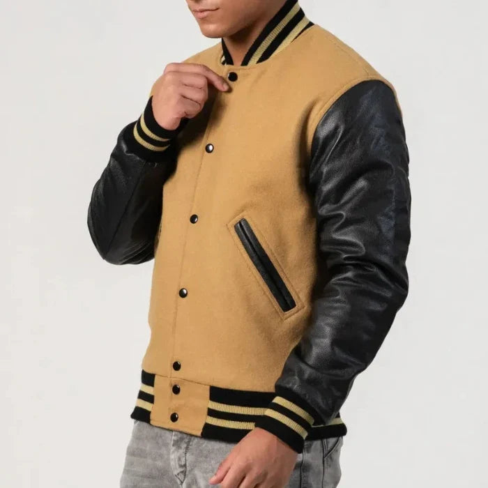 Camel Wool Body & Black Leather Sleeves Varsity Jacket