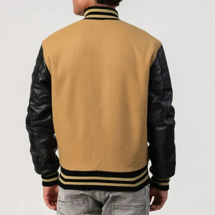 Camel Wool Body & Black Leather Sleeves Varsity Jacket