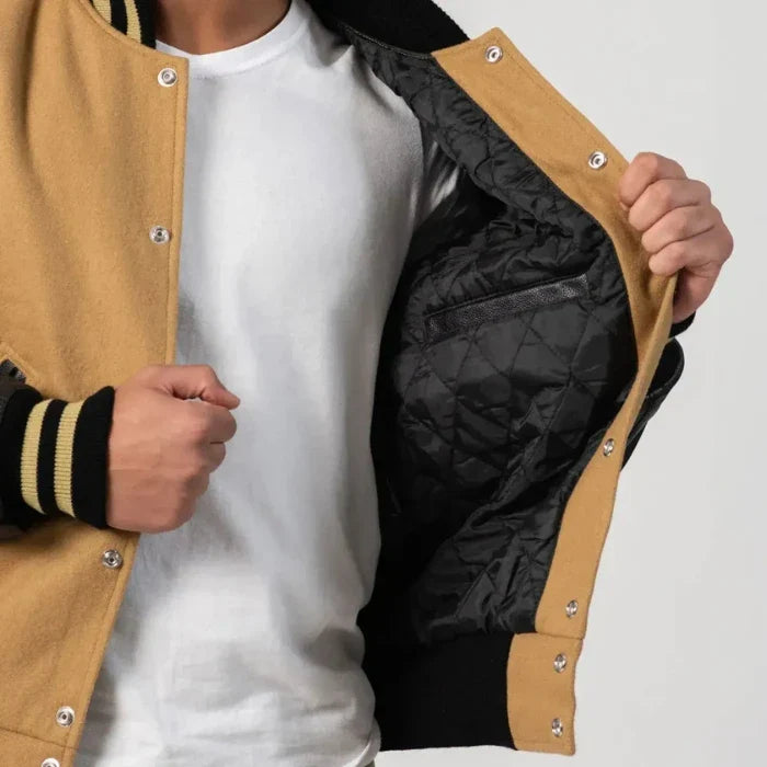 Camel Wool Body & Black Leather Sleeves Varsity Jacket