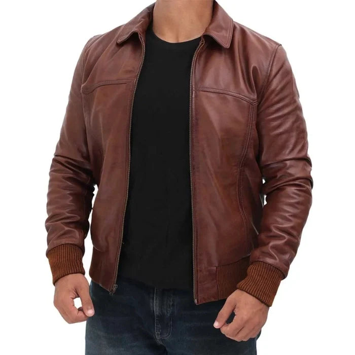 Men's Classic Shirt Collar Leather Bomber Jacket