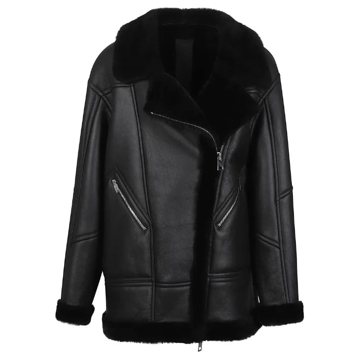 Darnoux Oversized Black Shearling Leather Biker Jacket
