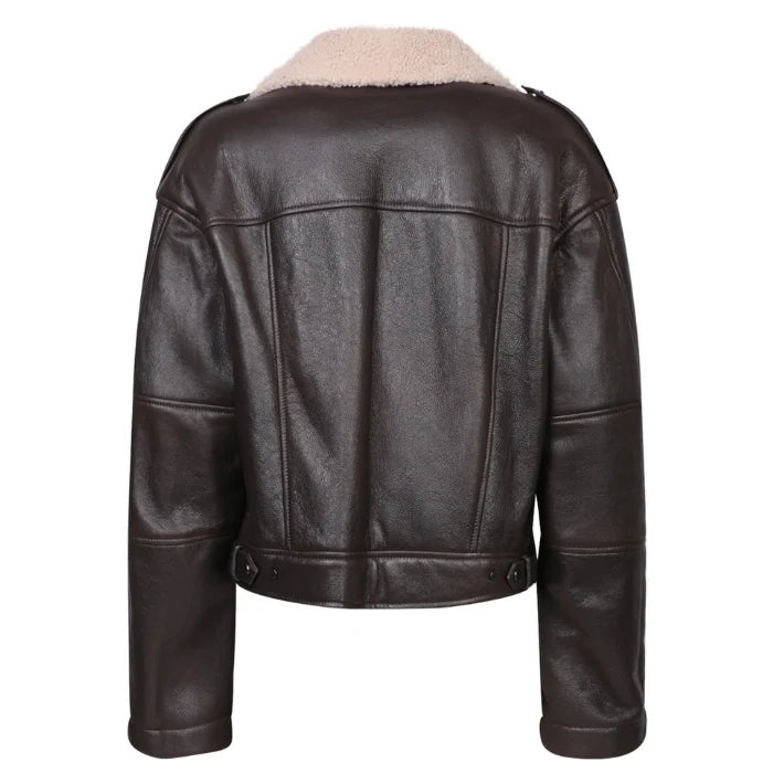 Elvani Shearling-Collar Cropped Biker Jacket
