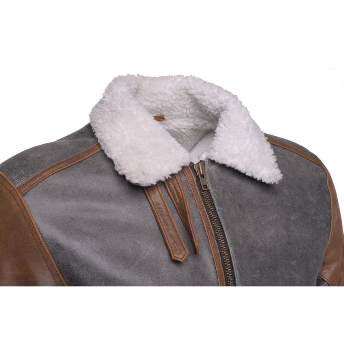 Elvon Leather Patched White Shearling Bomber Jacket