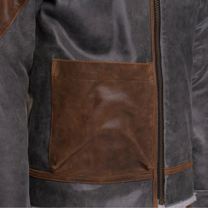 Elvon Leather Patched White Shearling Bomber Jacket