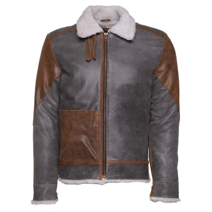 Elvon Leather Patched White Shearling Bomber Jacket