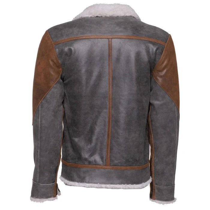 Elvon Leather Patched White Shearling Bomber Jacket