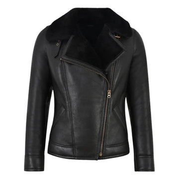 Falvor Ladies Sheepskin Pilot Shearling Leather Jacket Black