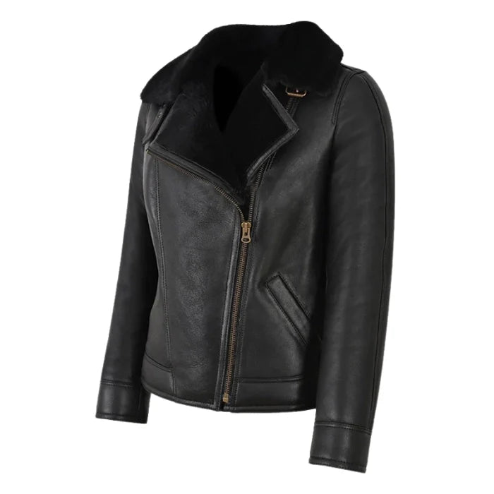 Falvor Ladies Sheepskin Pilot Shearling Leather Jacket Black